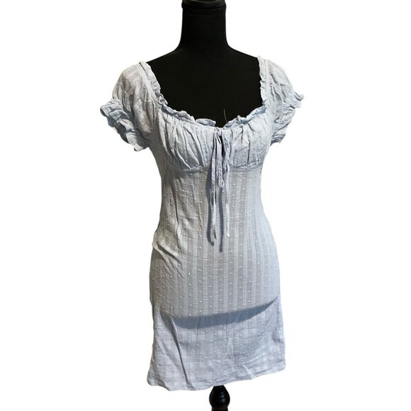 Story On Baby Blue Fit & Flare Mini Dress with Ruffle Neckline Cap Sleeves Large - Picture 1 of 8